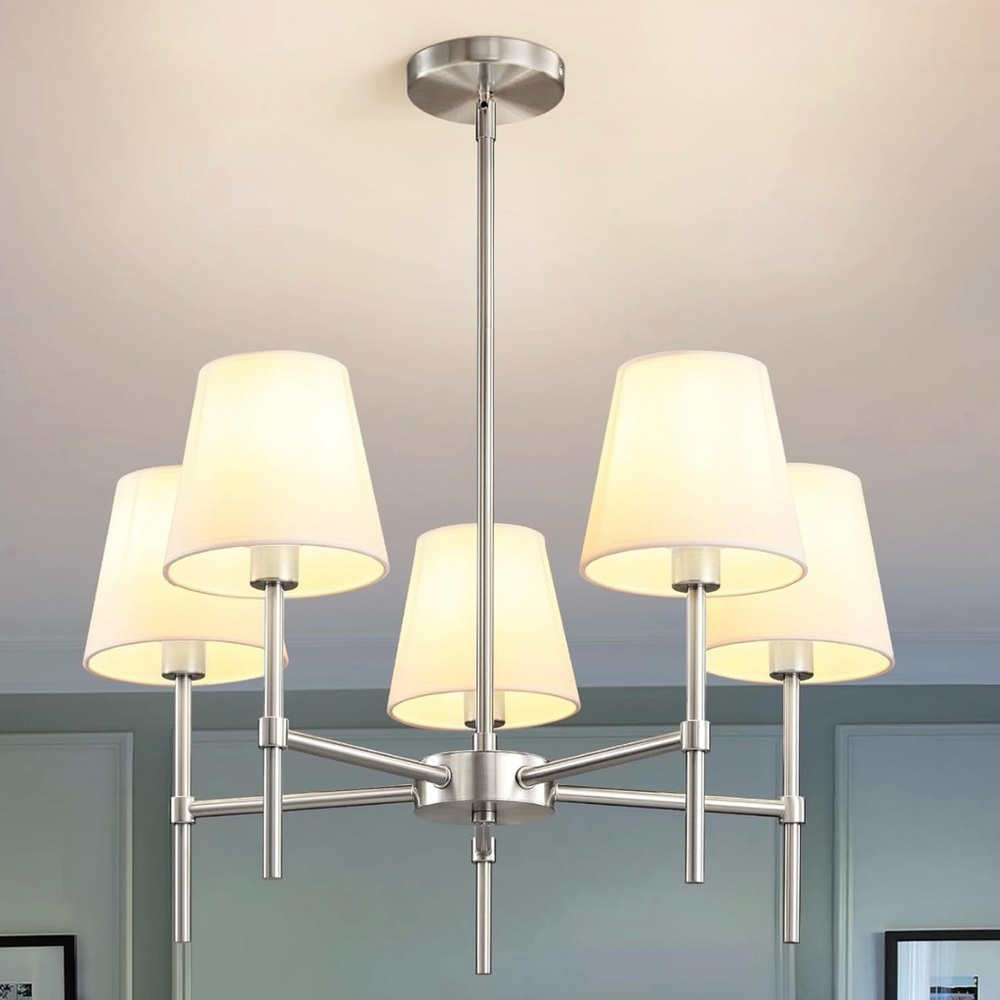 Modern Silver Chandelier with Cream Shades